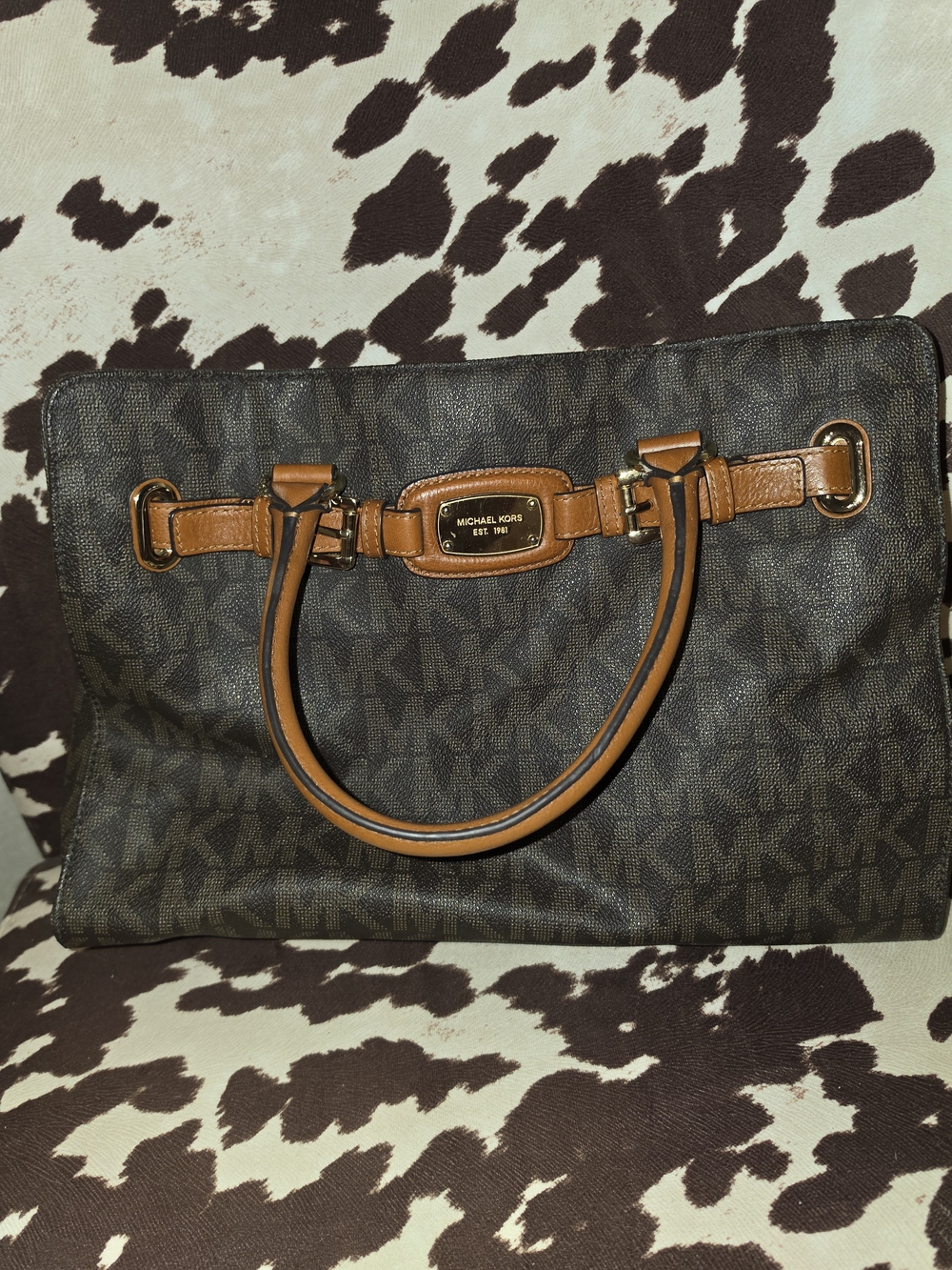 Michael Kors Dark Brown MK Logo Satchel with Tan Trim